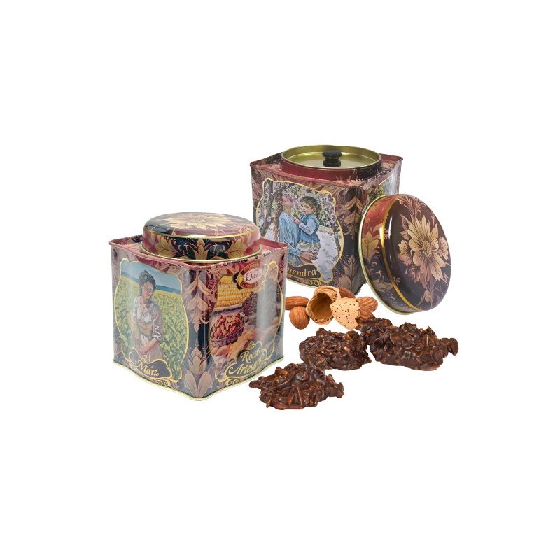LATA VINTAGE CON ROCAS DE ALMENDRA Y CHOCOLATE
