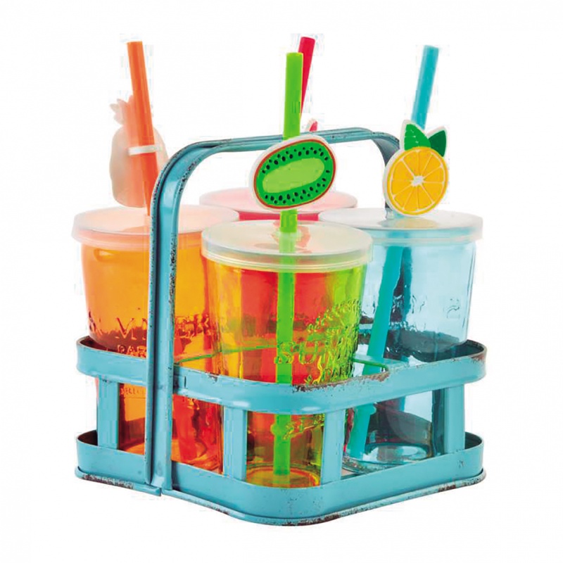 JUEGO DE 4 VASOS DE VIDRIO Y ESTRUCTURA DE METAL
