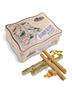LATA CON BARQUILLOS BAÑADOS EN PISTACHO Y TURRÓN DE JIJONA
