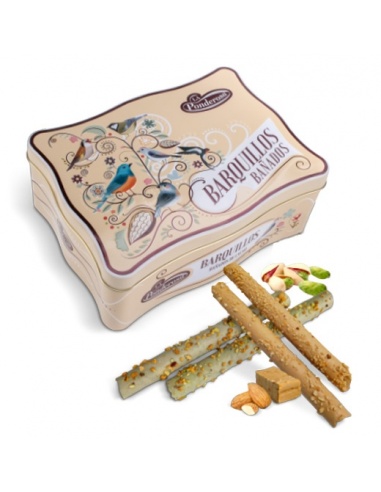 LATA CON BARQUILLOS BAÑADOS EN PISTACHO Y TURRÓN DE JIJONA

